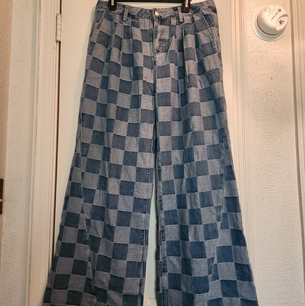 Checkered Blue Flare Jeans